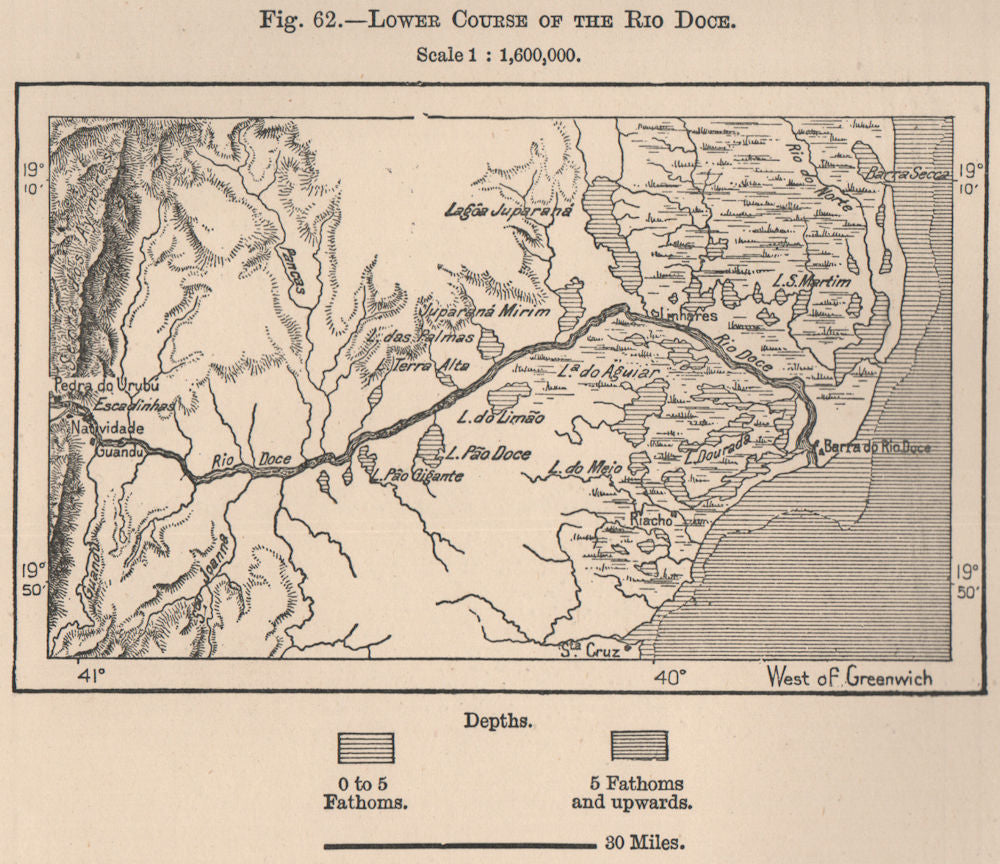 Lower course of the Rio Doce. Brazil 1885 old antique vintage map plan chart